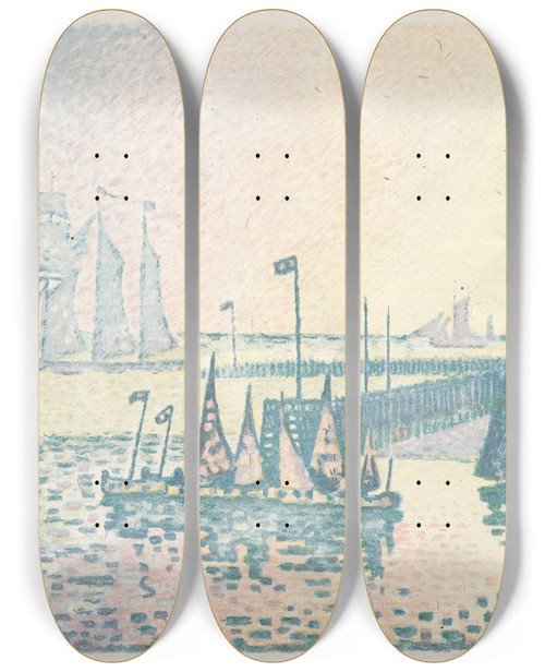 Triptych art skateboard deck of Paul Signac Evening The Jetty At Vlissingen by Paul Signac (1863-1935)