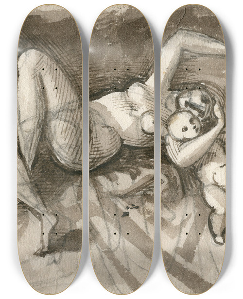 Triptych art skateboard deck of David Humbert De Superville Naakte Achteroverliggende Vrouw Spelend Met Een Kindje by David Humbert De Superville (1770-1849)