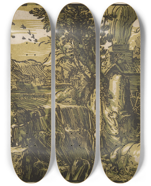Triptych art skateboard deck of Hendrick Goltzius Landschaft Mit Wasserfall by Hendrick Goltzius (1558-1617)