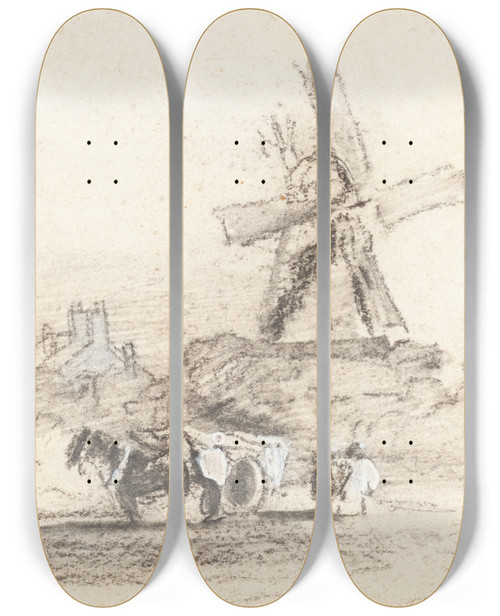 Triptych art skateboard deck of David Cox A Cart With Two Horses Near A Windmill by David Cox (1783-1859)