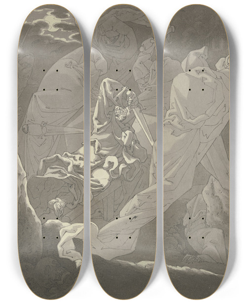 Triptych art skateboard deck of Ferdinand Fellner Friedhofsszene Ritter Auf Totenbahre Gespenster Berfallen Ihn by Ferdinand Fellner (1799-1859)