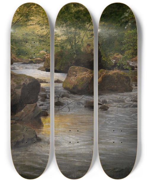 Triptych art skateboard deck of Johann Wilhelm Schirmer Bergbach Mit Sitzendem Maler by Johann Wilhelm Schirmer (1807-1863)