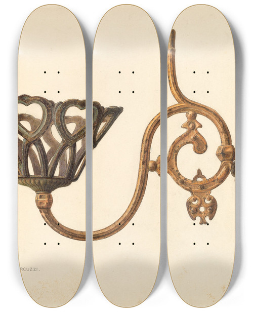 Triptych art skateboard deck of John H Tercuzzi Swinging Lamp Bracket by John H Tercuzzi
