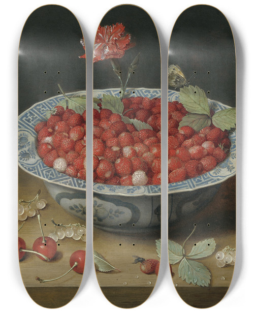 Triptych art skateboard deck of Jacob Van Hulsdonck Wild Strawberries And A Carnation In A Wanli Bowl by Jacob Van Hulsdonck (1582-1647)