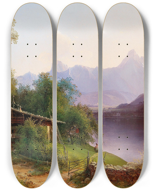 Triptych art skateboard deck of Josef Schwemminger View Over Lake Zell To The Steinernes Meer With Prielau Castle In The Background by Josef Schwemminger (1804-1895)