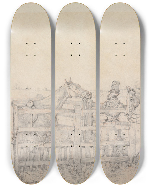 Triptych art skateboard deck of Henry Thomas Alken Sporting Notions I Have A Notion That My Horse Looks Like 40 Guineas In The Pound by Henry Thomas Alken (1785-1851)