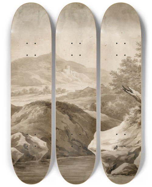 Triptych art skateboard deck of David Humbert De Superville Mountainous Landscape With A Fisherman by David Humbert De Superville (1770-1849)
