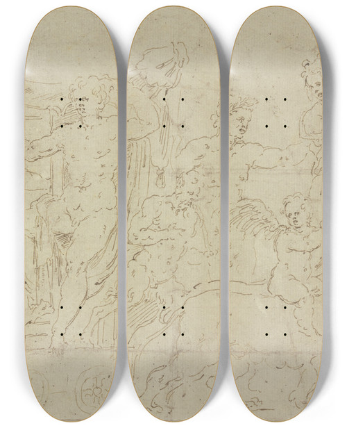 Triptych art skateboard deck of Girolamo Da Carpi Bacchus Triumph by Girolamo Da Carpi (1501-1556)