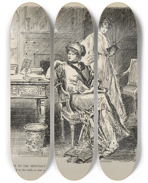 Triptych art skateboard deck of Charles Dana Gibson Advice To The Mentally Feeble Go Back To The Stable As Soon As Possible by Charles Dana Gibson (1867-1944)