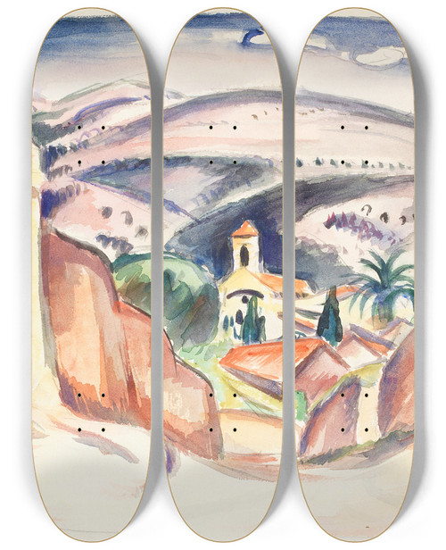 Triptych art skateboard deck of Emile Othon Friesz Indgangen Til Cassis Ogs Kaldet Kirketrnet I Cassis by Emile Othon Friesz (1879-1949)