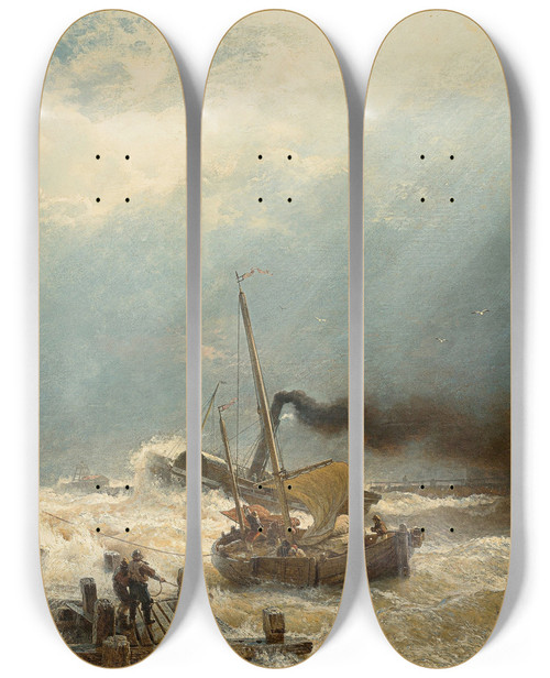 Triptych art skateboard deck of Andreas Achenbach Hafen Von Ostende by Andreas Achenbach (1815-1910)