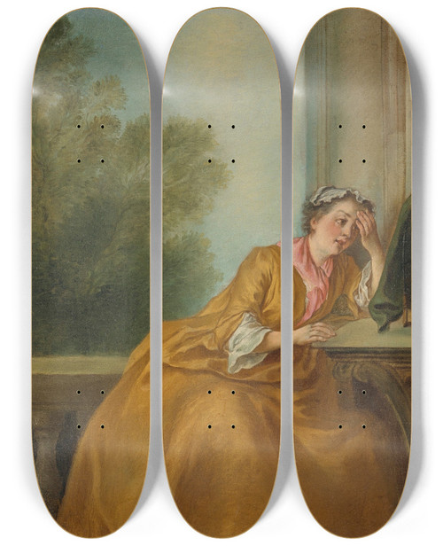Triptych art skateboard deck of Nicolas Lancret The Caged Bird by Nicolas Lancret (1690-1743)