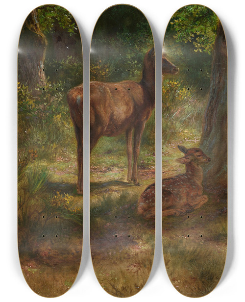 Triptych art skateboard deck of Rosa Bonheur Les Cerfs Et Les Fauves Dans Un Bois by Rosa Bonheur (1822-1899)