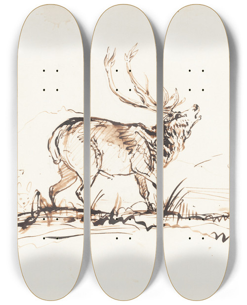 Triptych art skateboard deck of Sir Edwin Henry Landseer A Bellowing Stag by Sir Edwin Henry Landseer (1802-1873)