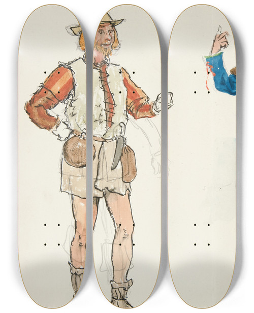 Triptych art skateboard deck of Edwin Austin Abbey Two Men Costume Sketch For Henry Irvings Planned Production Of King Richard Ii by Edwin Austin Abbey (1852-1911)
