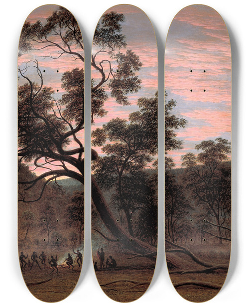 Triptych art skateboard deck of John Glover A Corroboree Of Natives In Mills Plains by John Glover (1767-1849)