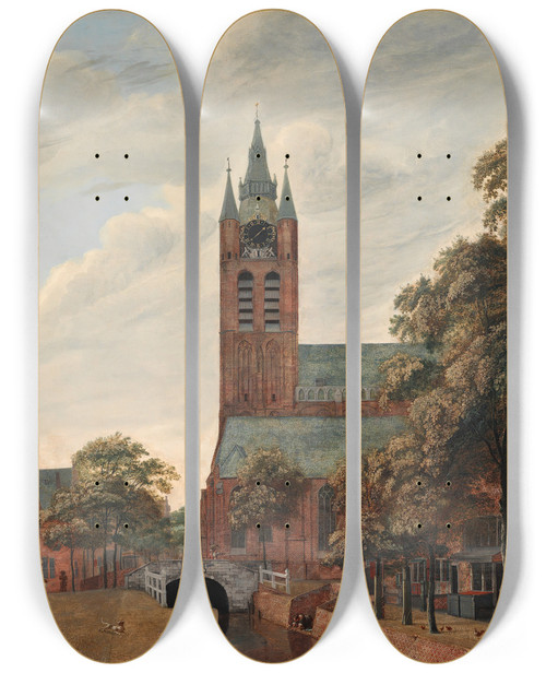Triptych art skateboard deck of Jan Van Der Heyden View Of The Oude Delft Canal Delft by Jan van der Heyden (1637-1712)