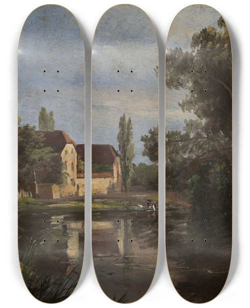 Triptych art skateboard deck of Johan Christian Dahl View Of Plauen At The River Weisseritz by Johan Christian Dahl (1788-1857)