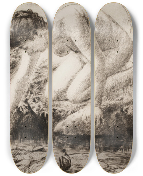 Triptych art skateboard deck of Torsten Wasastjerna Lumpeita Poimimassa by Torsten Wasastjerna (1863-1924)