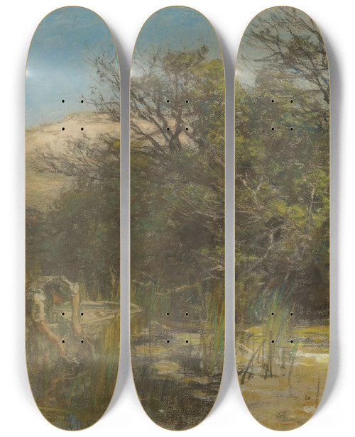Triptych art skateboard deck of Lon Augustin Lhermitte The Frog Catchers by Lon Augustin Lhermitte (1844-1925)