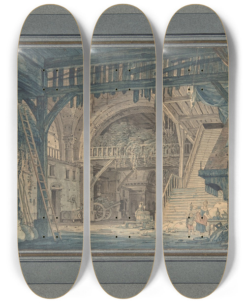 Triptych art skateboard deck of Johann Heinrich Ramberg Stage Set Design Of An Ancient Roman Ruin Being Converted Into A Barn by Johann Heinrich Ramberg (1763-1840)