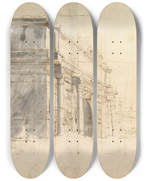 Triptych art skateboard deck of Gaspar Van Wittel The Arch Of Septimius Severus In The Roman Forum With The Column Of Phocas At The Left And The Temple Of Saturn At The Right by Gaspar Van Wittel (1653-1736)