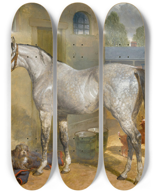 Triptych art skateboard deck of John Frederick Herring Snr One Of The Scots Greys In A Yard With Dog And Goats by John Frederick Herring Snr (1795-1865)