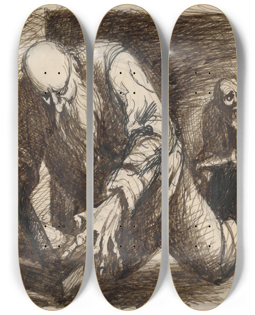 Triptych art skateboard deck of Jn Novk Two Old Men by Jan Novak (1921-1944)