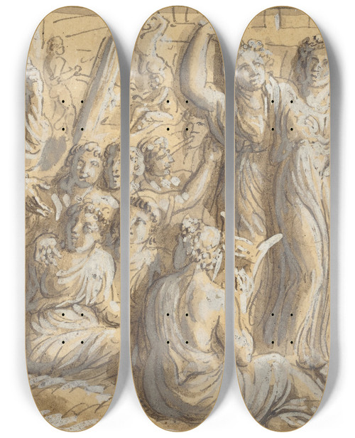 Triptych art skateboard deck of Luigi Ademollo Noahs Warning About The Coming Flood Goes Unheeded by Luigi Ademollo (1764-1849)