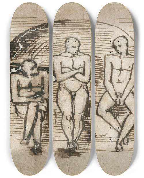 Triptych art skateboard deck of David Humbert De Superville Drie Zittende Mannen Frontaal In Boogvormige Nis by David Humbert De Superville (1770-1849)