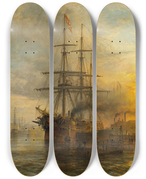 Triptych art skateboard deck of Henry Thomas Dawson A Danish Steamer Moored Alongside A Busy Dock by Henry Thomas Dawson (1844-1896)