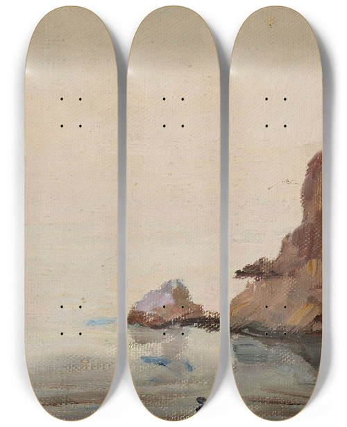 Triptych art skateboard deck of Jan Cigliski View Of The Sea And A Rock From The Journey To Turkestan by Jan Ciaglinski (1858-1913)