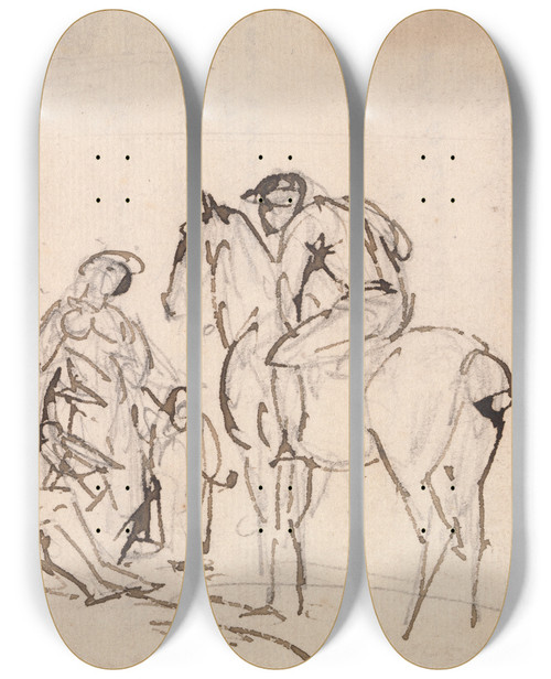Triptych art skateboard deck of Sawrey Gilpin Jockey On A Horse With Three Figures by Sawrey Gilpin (1733-1807)