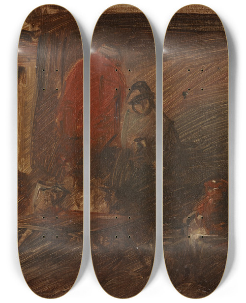 Triptych art skateboard deck of Wilhelm Busch Hollndisches Wirtshaus by Wilhelm Busch (1832-1908)