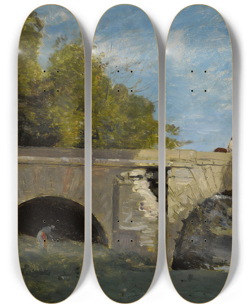 Triptych art skateboard deck of Jeanbaptistecamille Corot Mantes Deux Arches Du Pont Avec Un Cavalier by Jean-Baptiste-Camille Corot (1796-1875)