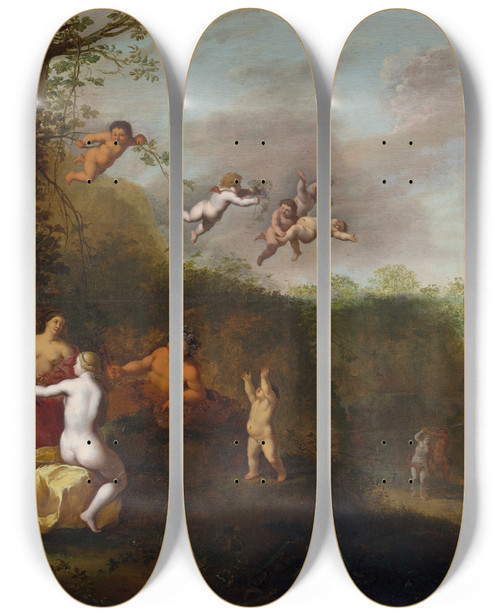Triptych art skateboard deck of Abraham Van Cuylenborch Bacchus And Nymphs In A Landscape by Abraham Van Cuylenborch (1620-1658)