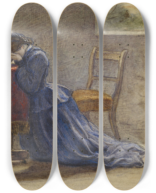 Triptych art skateboard deck of Sir John Everett Millais A Wife Face In Both Hands She Knelt On The Carpet by Sir John Everett Millais (1829-1896)