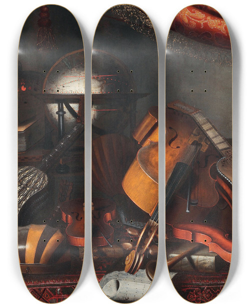 Triptych art skateboard deck of Bartolomeo Bettera Still Life With Musical Instruments Books And Playing Cards by Bartolomeo Bettera (1639-1688)