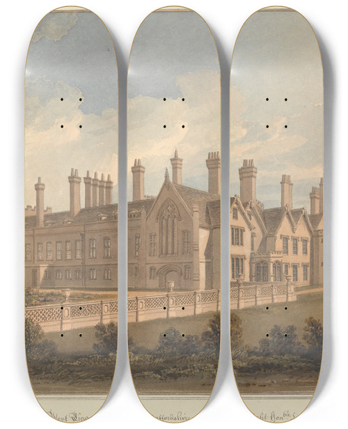 Triptych art skateboard deck of John Buckler North West View Of Blithfield Staffordshire The Seat Of The Right Honble Lord Bagot by John Buckler (1770-1851)