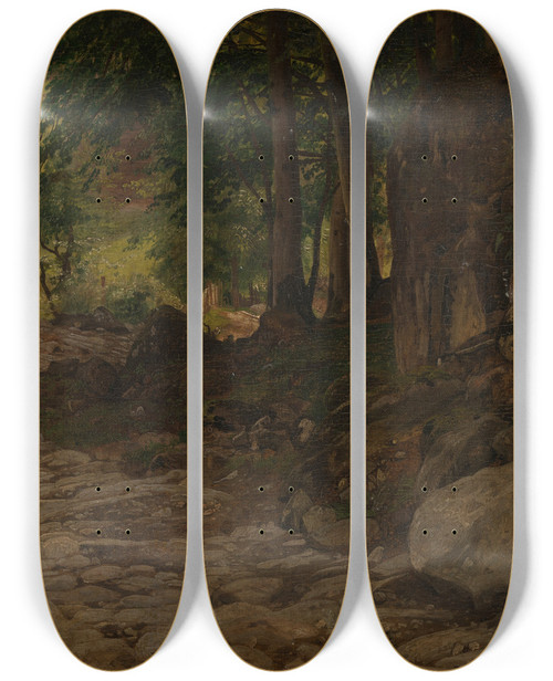 Triptych art skateboard deck of Johann Wilhelm Schirmer Felsweg In Der Schweiz by Johann Wilhelm Schirmer (1807-1863)