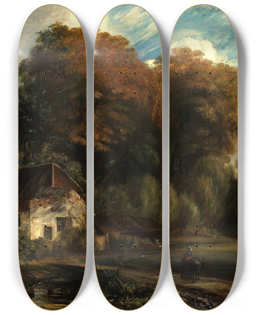 Triptych art skateboard deck of Paul Huet Caretakers Cottage In The Forest Of Compiegne by Paul Huet (1803-1869)