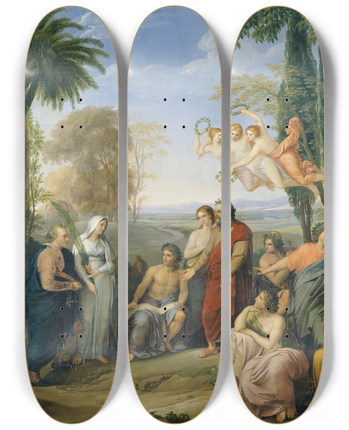 Triptych art skateboard deck of Josef Abel Klopstock Unter Den Dichtern Im Elysium by Josef Abel (1764-1818)