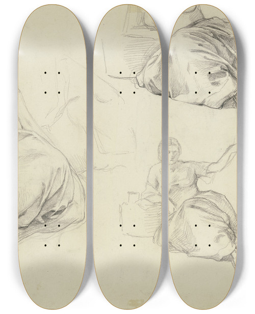 Triptych art skateboard deck of Jakob Becker Study Sheet Female Grape Picker by Jakob Becker (1810-1872)