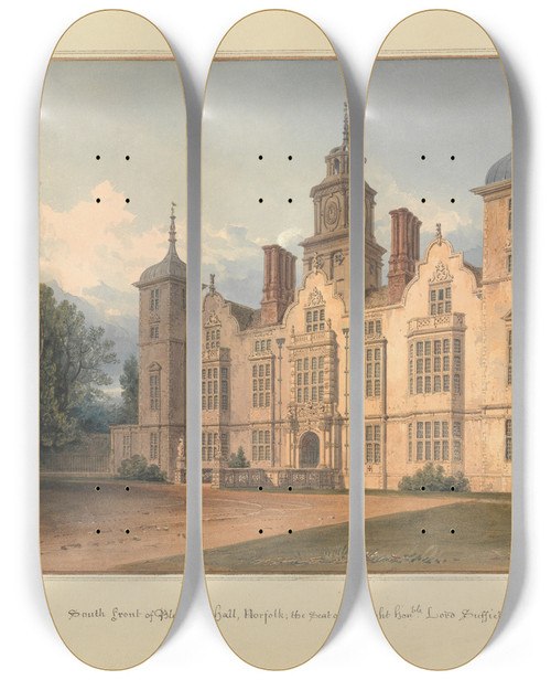 Triptych art skateboard deck of John Buckler South Front Of Blickling Hall Norfolk The Seat Of The Right Honble Lord Suffield by John Buckler (1770-1851)