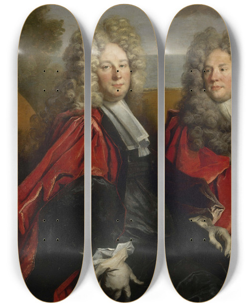 Triptych art skateboard deck of Nicolas De Largillire Portrait De Deux Chevins En Fonction En 1702 by Nicolas de Largillire (1656-1746)
