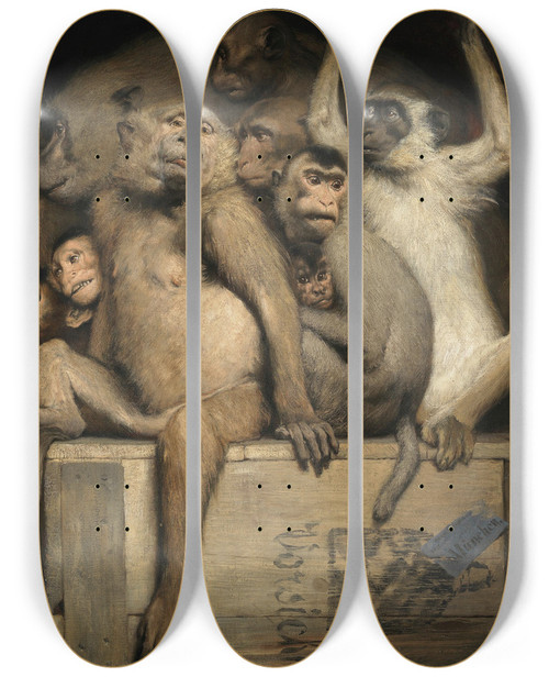 Triptych art skateboard deck of Gabriel Von Max Monkeys As Judges Of Art by Gabriel Von Max (1840-1915)