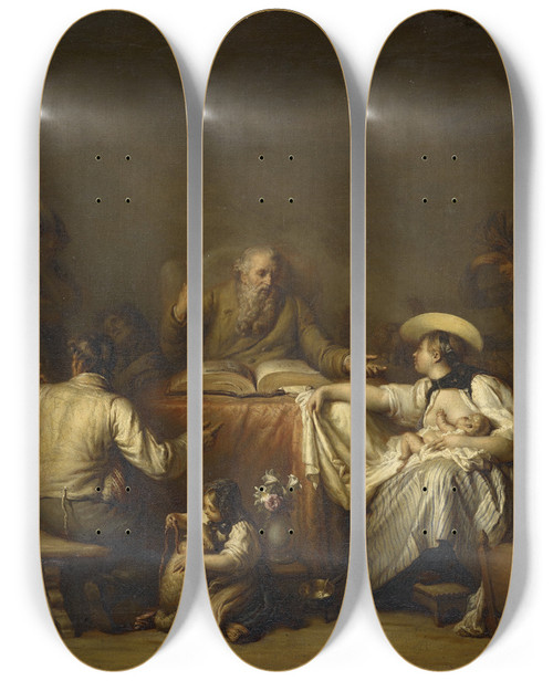 Triptych art skateboard deck of Pierre Nicolas Legrand Devotion At Home by Pierre Nicolas Legrand (1758-1829)