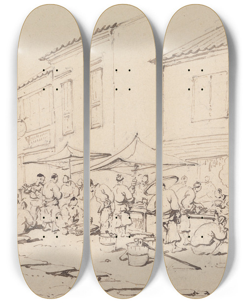 Triptych art skateboard deck of George Chinnery A Market Place And Crowd by George Chinnery (1774-1852)