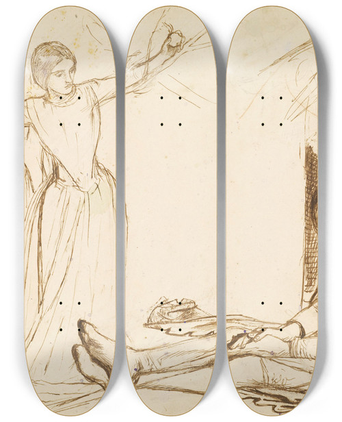 Triptych art skateboard deck of Dante Gabriel Rossetti Study For The Figures Of Guenevere And Launcelot by Dante Gabriel Rossetti (1828-1882)