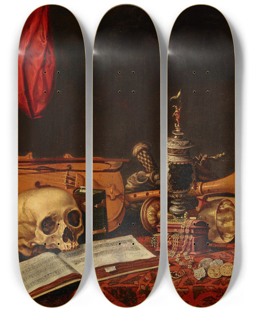 Triptych art skateboard deck of Dutch School Musical Instruments Books An Hourglass A Ewer And A Skull On A Table A Vanitas by Dutch School